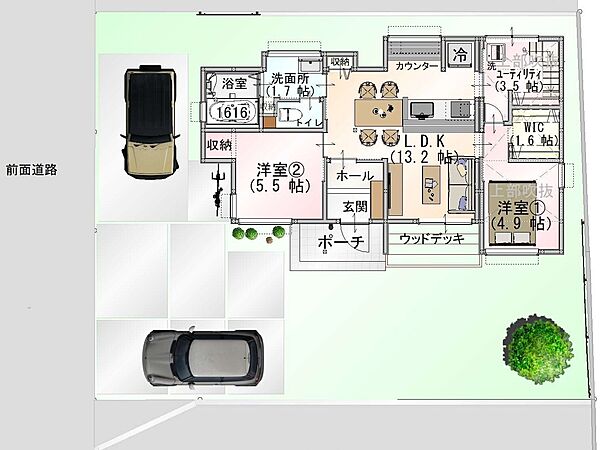 配置図 来客時も安心。 車は3台以上駐車OK！