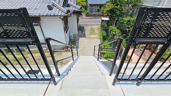 堤防側から見ると、階段から建物脇を通って県道へ続く動線がよく分かります