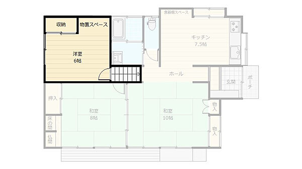 ガレージ上部には6帖の中2階。生活空間と少し距離を取れる一室です。