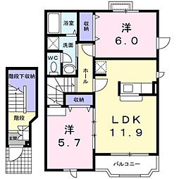 エクセレンテ北原 Ａ 2階2LDKの間取り
