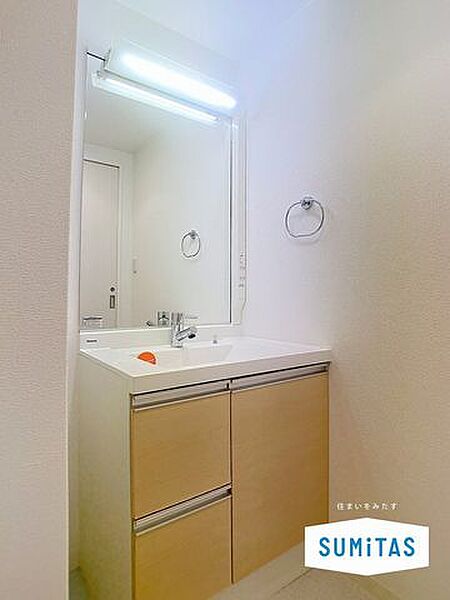 大きな鏡と充実した収納を備えた洗面化粧台。