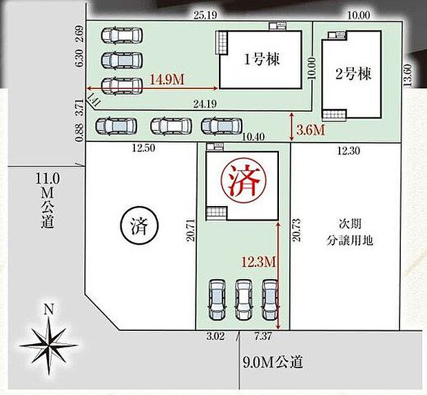 建物配置や駐車位置が分かり、敷地の使いやすさを確認できます。新築建売の魅力が伝わります。