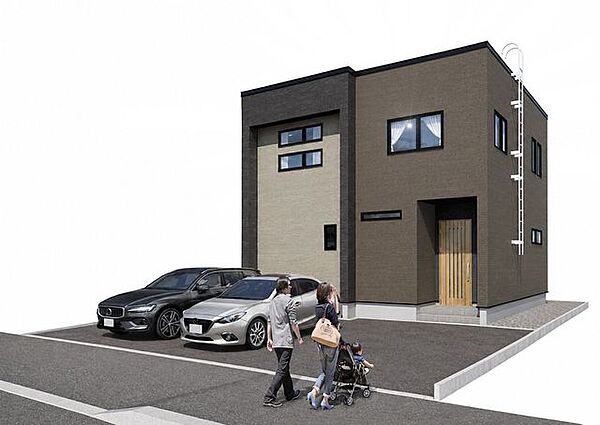 【外観パース】落ち着いた色合いでまとめた、スタイリッシュな新築住宅。