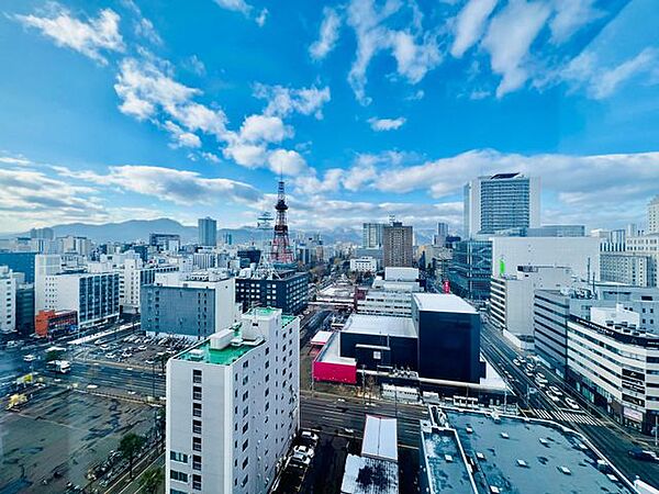 【リビング眺望】窓の向こうに広がるのは、札幌のシンボル・テレビ塔と遠くの山並み。