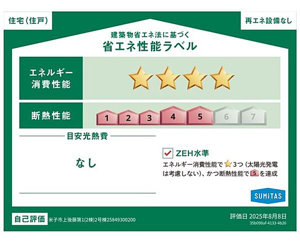エネルギー消費性能☆4、断熱性能5のZEH水準の家です。