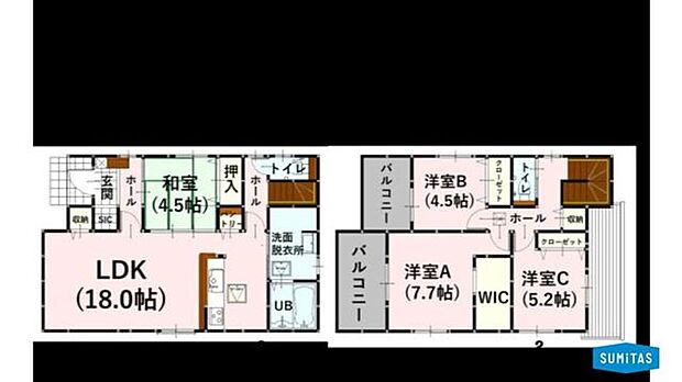 WICやSICなど収納充実!18帖の広々LDKと隣接する和室でゆったりくつろげる4LDKです