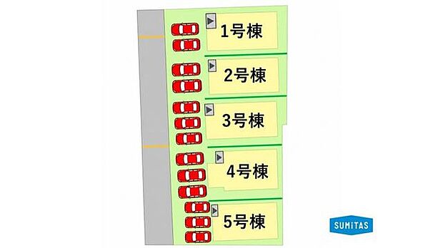 全5区画の整った街並み!各区画、駐車2~3台可能なゆとりのカースペースを確保しています。