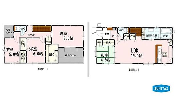 家族が集まる19帖の広々LDK!WICなど各部屋に収納を備え、快適な暮らしを実現する4LDK。