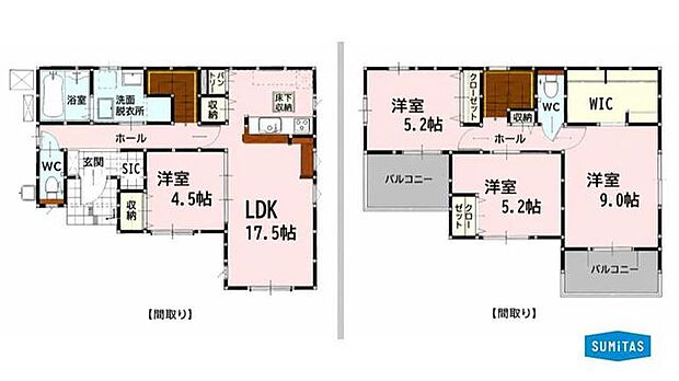 全居室に収納スペースを備え、使い勝手の良いWICやSICも完備した快適な4LDKの間取りです。