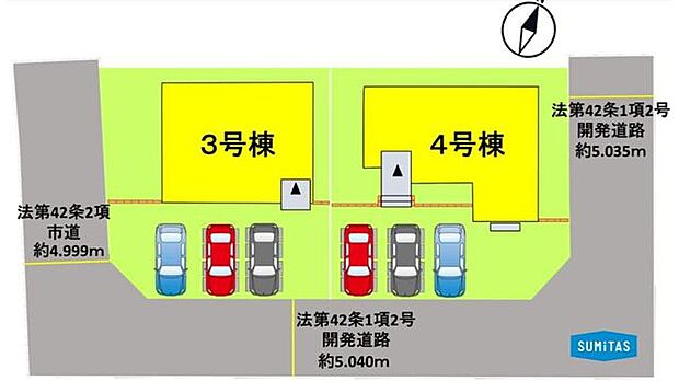 並列駐車が可能なカースペースを備え、お車の出し入れや来客時にもスムーズなゆとりの区画設計です