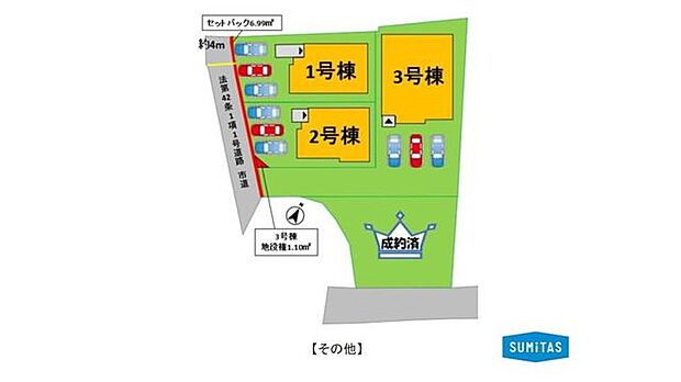 複数台の駐車が可能なゆとりあるカースペースを備えた2号棟の区画です。落ち着いた住環境と、スムーズな車の出入りを叶える前面道路が魅力です