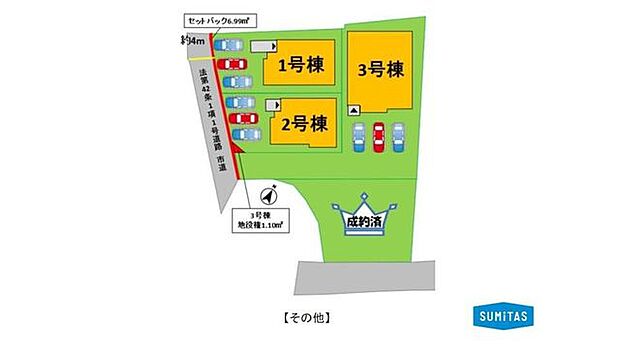 複数台の駐車が可能なゆとりあるカースペースを備えた1号棟の区画です。落ち着いた住環境と、スムーズな車の出入りを叶える前面道路が魅力です