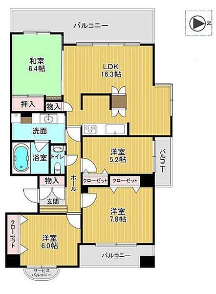 【間取図】広々とした16.3帖のLDKを備えた4LDK。豊富な収納など快適な設備が魅力です。