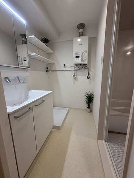 LEDライン照明が明るい三面鏡付きの洗面化粧台。水まわりのお手入れがしやすいハイバック水栓を採用。