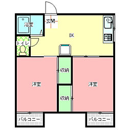 ＫコーポＡ棟 2階2DKの間取り