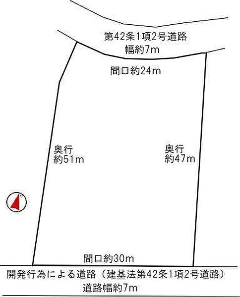 土地区画図・東南側道路から北西側道路に向けて下り傾斜地です
