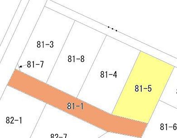 黄色部分（全部）と茶色部分（持分5分の1）が売買対象地です。