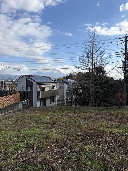土地の後ろ（西から）撮影　銀杏がシンボルツリーのように道路向こうにあり、空が近いお土地です