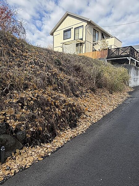 前面道路とは狭いですが、そのため交通量少なめ。地面と土地の高低差2ｍ越です。