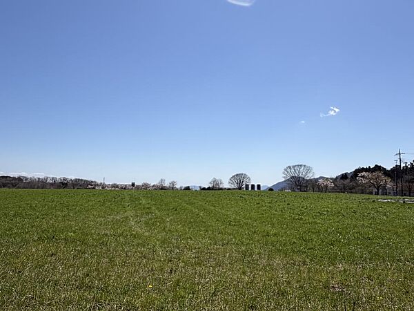 牧草地の先には、牛舎があります