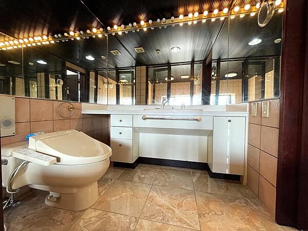 豪華洗面化粧台とトイレが設置された洗面脱衣室