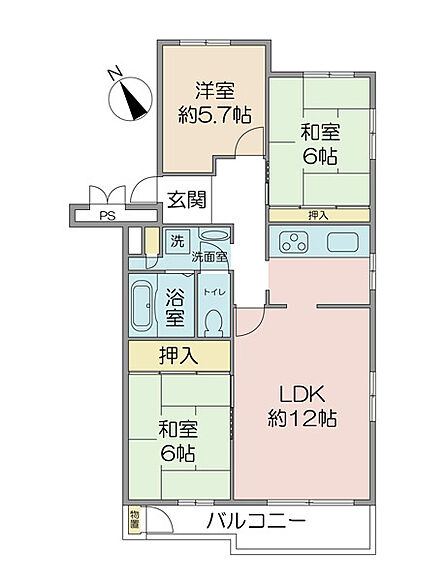 専有面積77.11ｍ2　3LDKの間取り　三方角部屋につき陽当たり・通風良好　リフォーム履歴あり