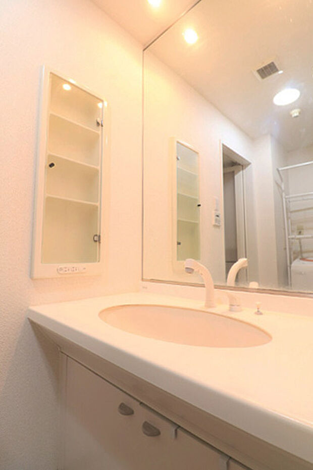 洗面台 大きな鏡の洗面化粧台の左脇などには収納スペースもございます。