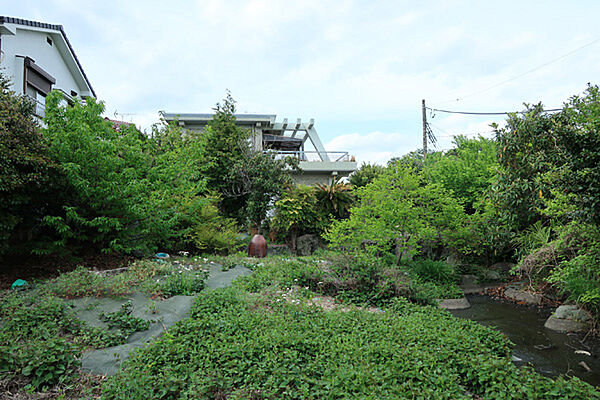 庭池南側から建物を撮影