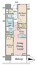 クレヴィア日暮里 THE PLACE 8階2LDKの間取り