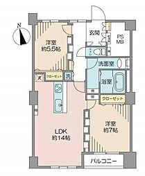 高輪ホワイトマンション 2LDKの間取図画像