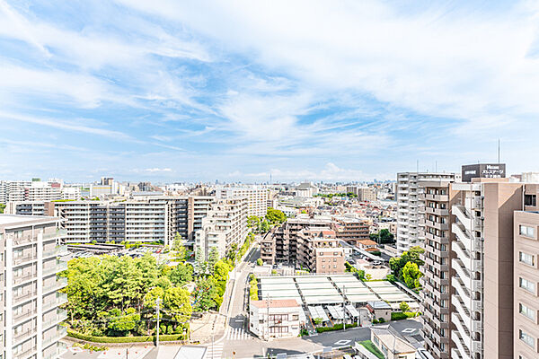 視界を遮る建物が少なく、遠くまで見渡せる開放的な眺望。東京スカイツリーを望むことができます。