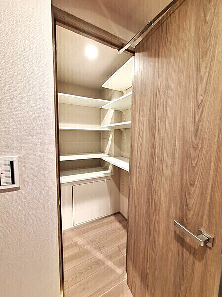 廊下に設けられた納戸は、照明・可動棚付きです。生活用品・掃除用具等の保管にご活用いただけます。【納戸】