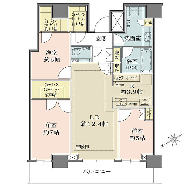 リビングを中心に、独立した3部屋が配置された無駄の少ないレイアウトです。