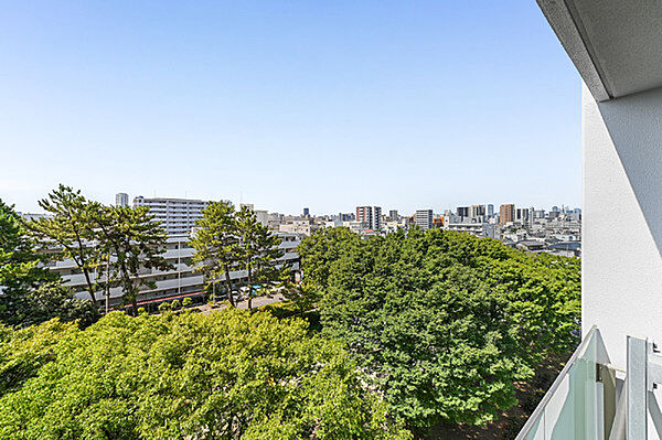 南側バルコニーからの眺望です。前面に「萱場公園」が広がり、日々の暮らしの中で緑を感じられます。【住戸からの眺望/南側】