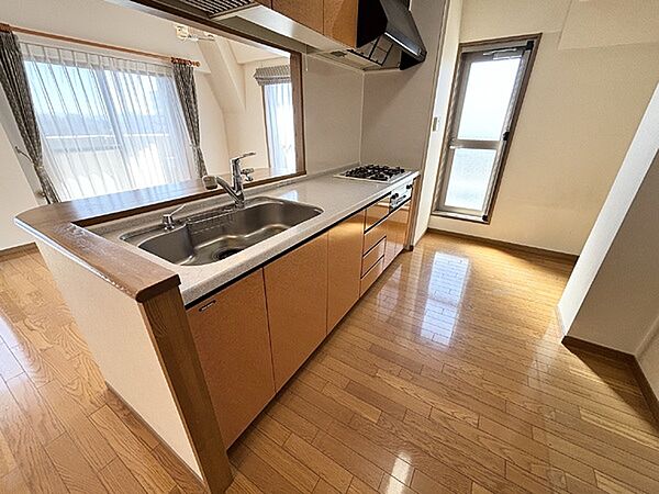 勝手口付きのカウンターキッチン。リビングダイニング、和室まで見通すことが出来、視認性良好。