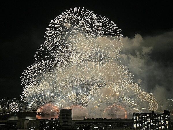 夏には「なにわ淀川花火大会」を鑑賞できます(天候による)。人混みを避け、ゆったりと楽しめそうです。【住戸からの眺望写真】