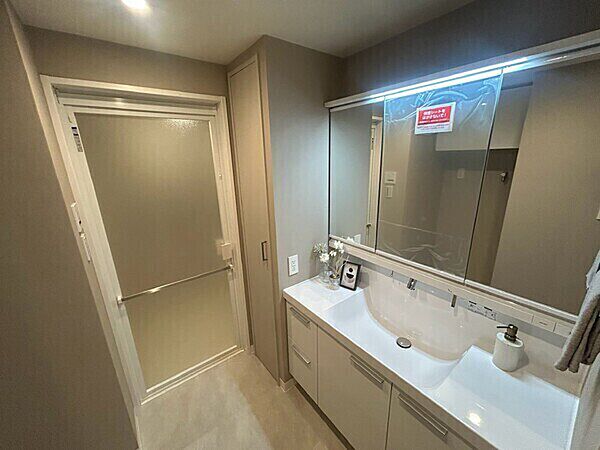 ※販売対象に家具・調度品は含まれません。新調された洗面化粧台。水栓は上部から吐水するので、毎日のお手入れもラクラクです。