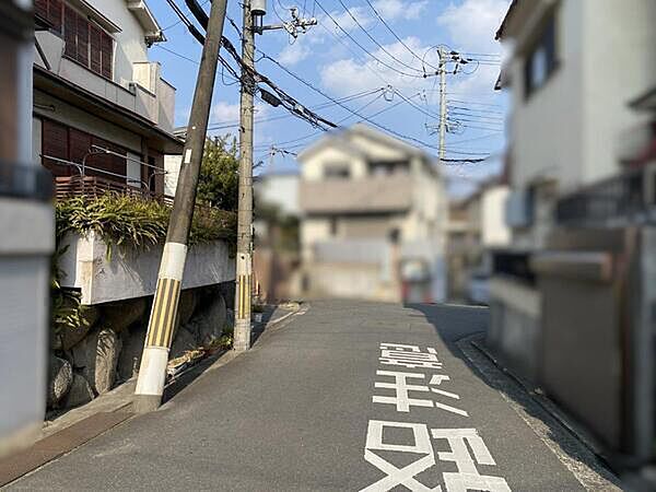 前面道路幅員は南東側約5.9m、北東側約4.5m。閑静な住宅地につき、落ち着いた暮らしが叶います。【前面道路含む現地】