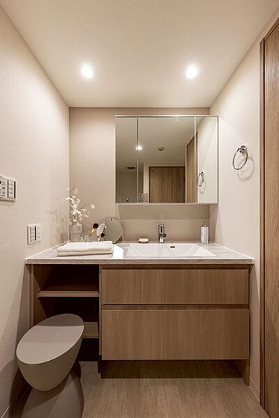 ※販売対象に家具・調度品は含まれません。鏡裏やボウル下に収納がありすっきリ片付きます。洗面所内にも収納が設けられています。