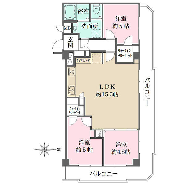 2面バルコニー付きの通風良好な角住戸。2箇所のウォークインクローゼット付きで、収納が豊富です。