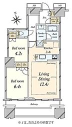 富久クロスコンフォートタワー 2LDKの間取図画像