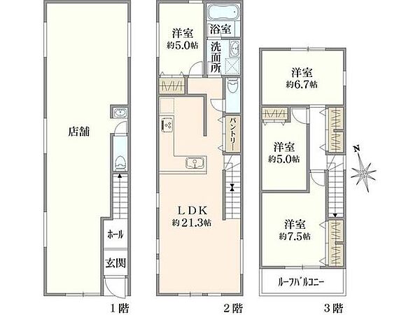 1Ｆ56.51m2／2Ｆ57.75m2／3Ｆ42.85m2／延床面積157.11m2／参考価格3487万円（税込）