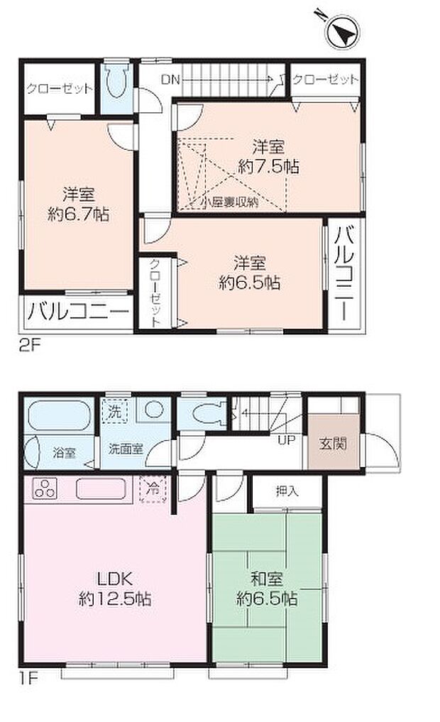 4LDK、リビングの横に和室1部屋、2階に3部屋。小屋裏収納も付いています。ウォークインクローゼット、各居室にクローゼット、和室に押し入れ付いてます。南側、西側に2面にバルコニーが付いてます。