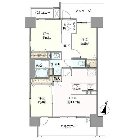 3LDK、角部屋、専有面積60.63平米