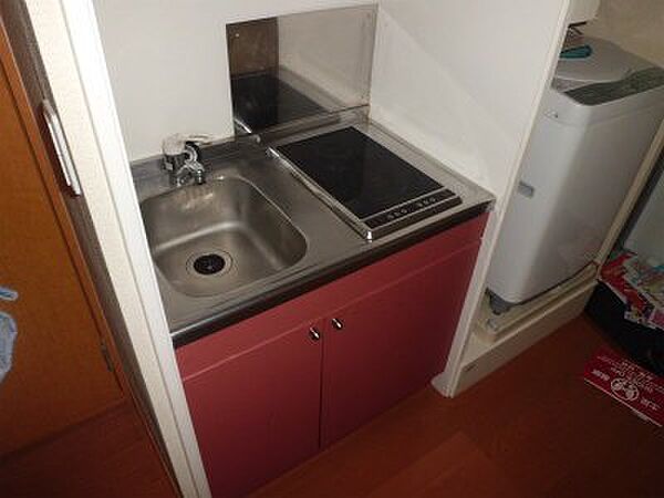 画像11:電気コンロ付ミニキッチンと洗濯機。