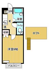 ロフティ伝上山A 2階1Kの間取り