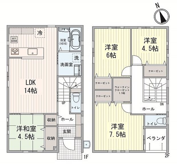 1階は和室に繋がる14帖のＬＤＫ、2階洋室には全室クローゼット、1階2階にトイレがあります。