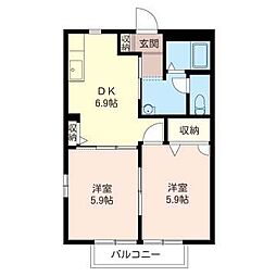 プリュニエC 2DKの間取図画像