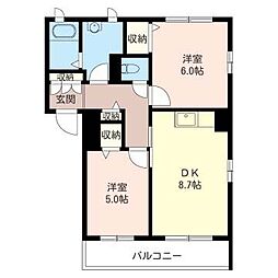 クレストコート海神 2DKの間取図画像