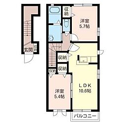 ディアコート結城Ｂ 2階2LDKの間取り